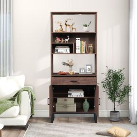 75.9"Modern Open Bookshelf with Doors, Bookcase with Storage drawer and LED Strip Lights,Free Standing Display Rack