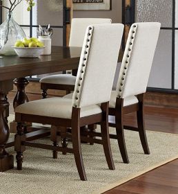 Dark Oak Finish Wooden Dining Chairs Set of 2 Cream Upholstered Back Seat Nailhead Trim Modern Dining Furniture